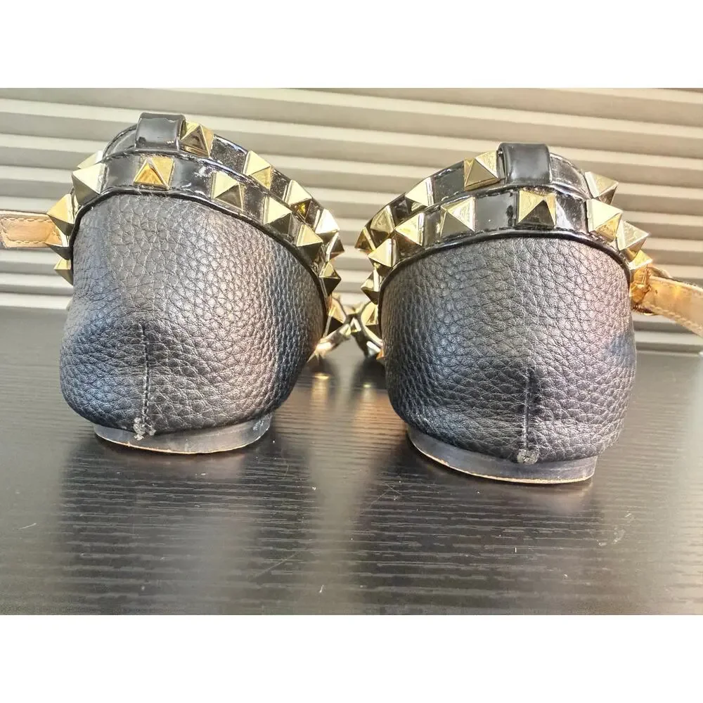 Black Studded T-Strap Pointed Toe Flats Womens EUR 36 Rockstud Style Ankle Strap - Picture 6 of 15